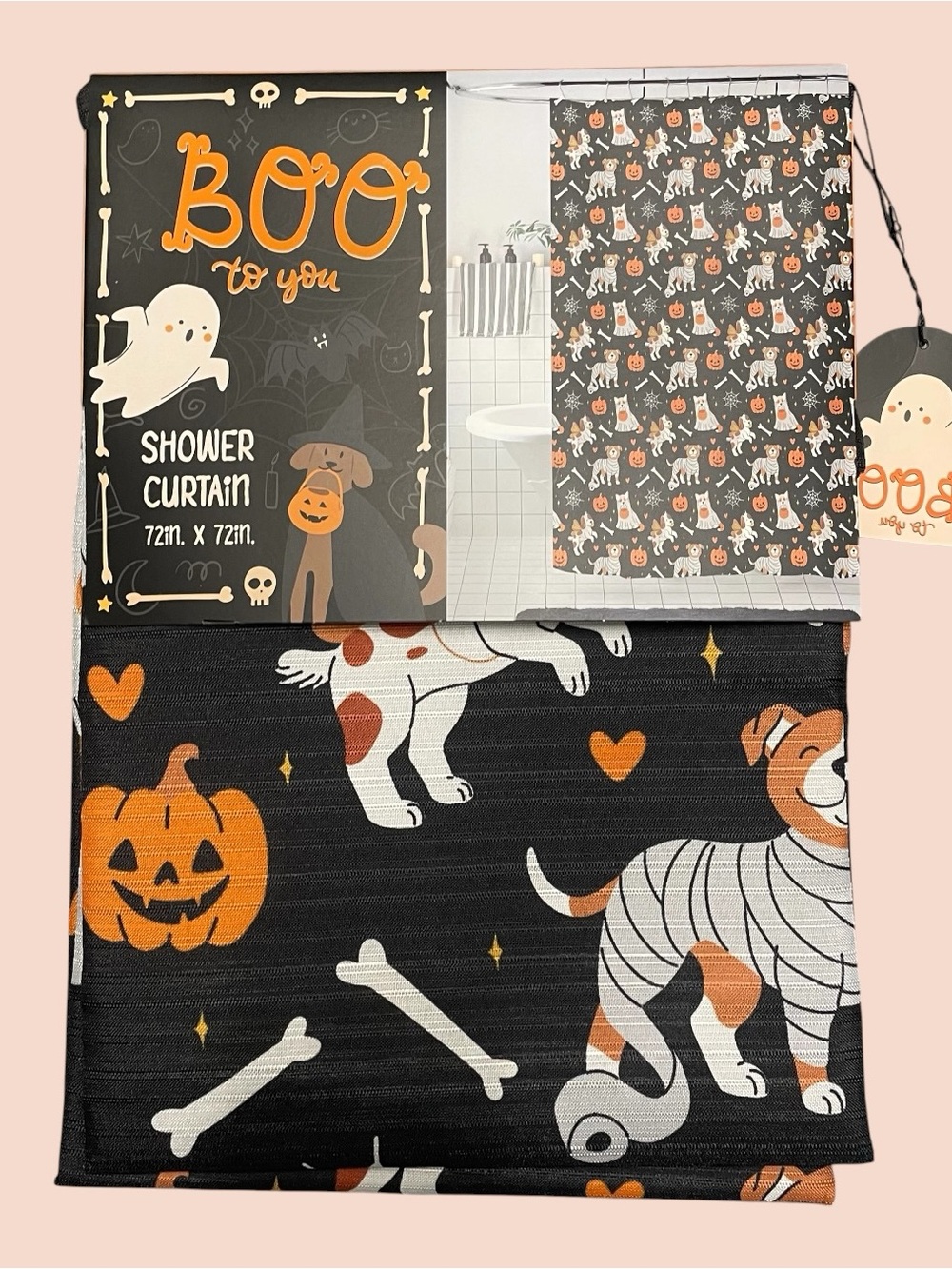 Dogs Love Halloween Too Shower Curtain Playful Black Multi Bones Hearts Jack-O-L